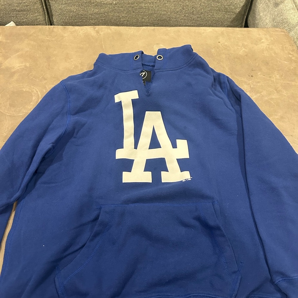 Blue LA Logo hoodie distressed neck